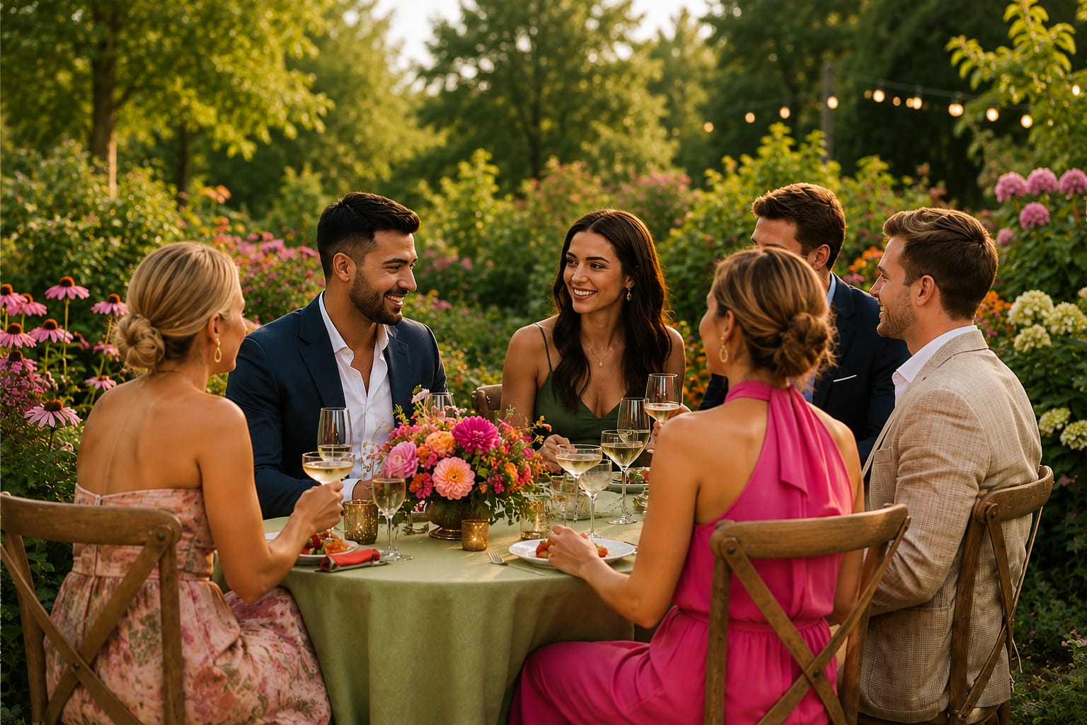 Two friends in retro heart and round sunglasses laughing at an outdoor garden party