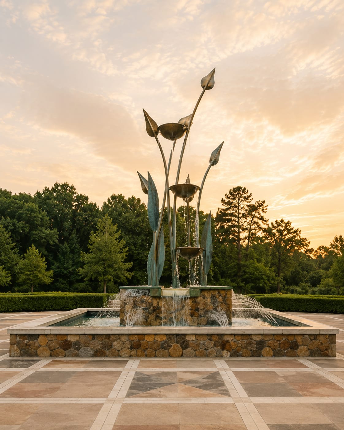 The fountain at Gateway Gardens in Greensboro glowing at sunset