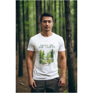 tee mockup of an ai generated man standing in a forest surrounded by trees m37501